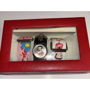 Vintage Betty Boop Watch W/ Leather Band Set of 3 - Pink,White & Black NEW RARE